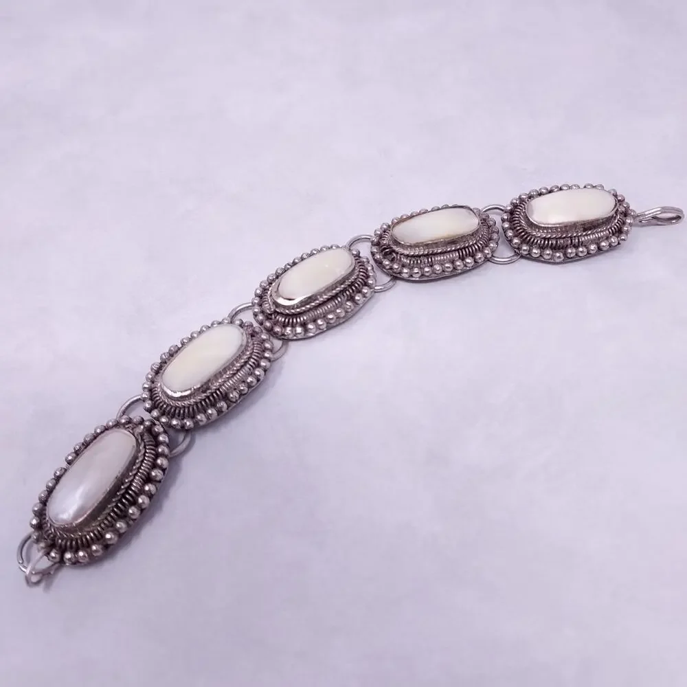 Artisan Bracelet Mother of Pearl Cabochons Bezel Set Silver Tone Sz 6.5 India